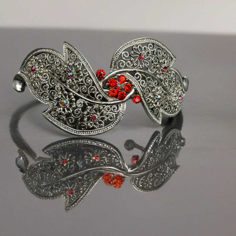 Vintage Ornate Silver Tone Hair Barrette with Red Floral Rhinestones